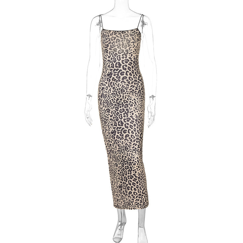 Damen Leoprint Maxikleid mit verstellbaren Spaghetti-Trägern R&B
