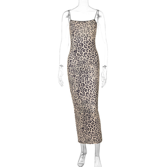 Damen Leoprint Maxikleid mit verstellbaren Spaghetti-Trägern R&B