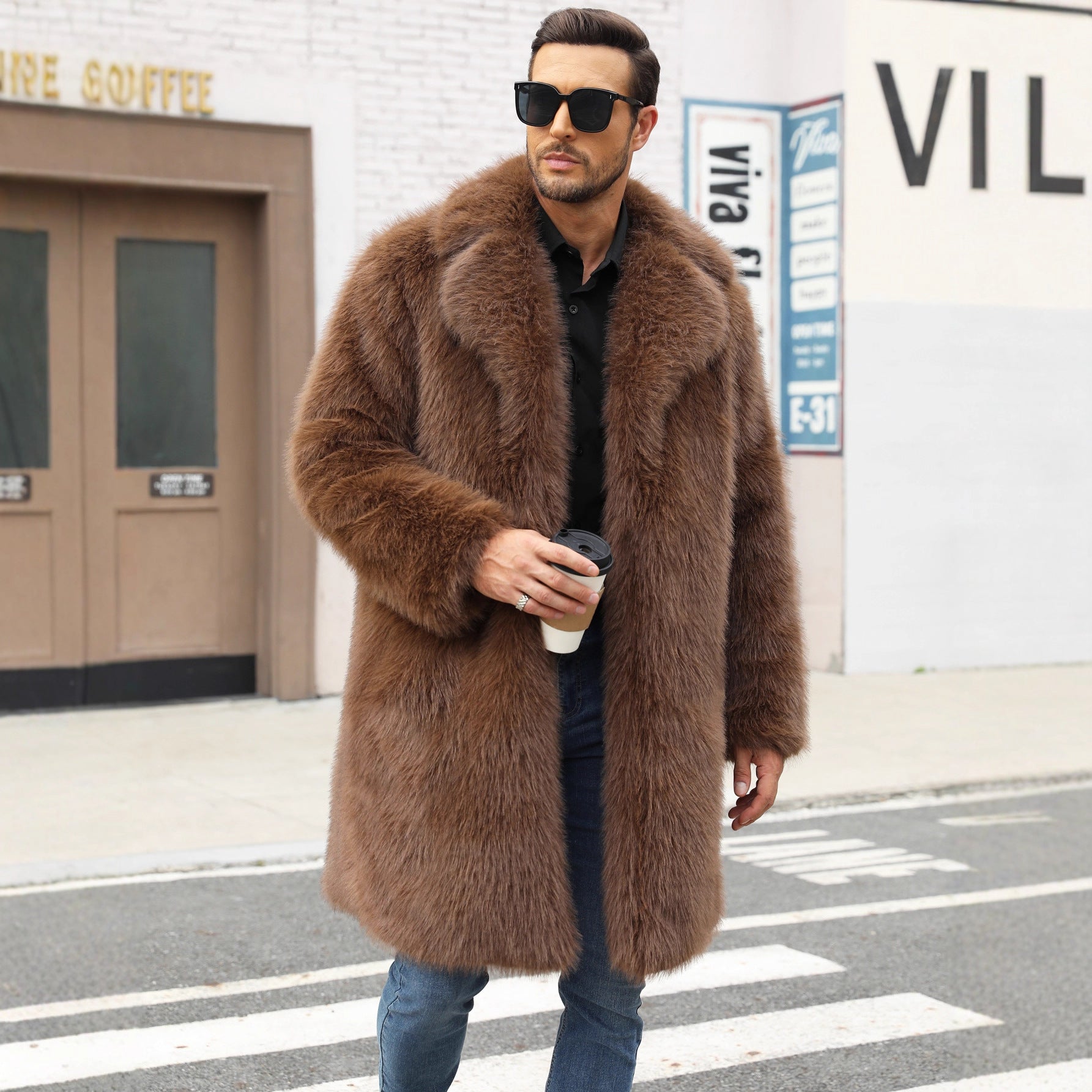 Herren Luxuriöse Kunstpelzjacke mit voluminösem Kragen R&B
