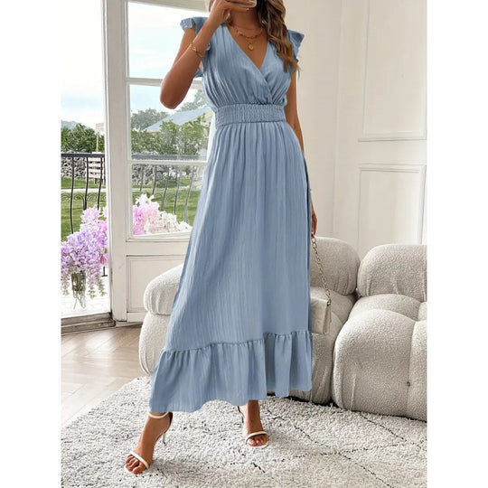 Damen Maxikleid mit voluminösen Rüschenärmel und elegantem Bund R&B