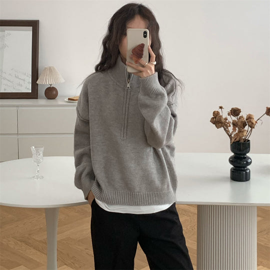 Damen Kurzpullover mit Stehkragen und Reißverschluss R&B