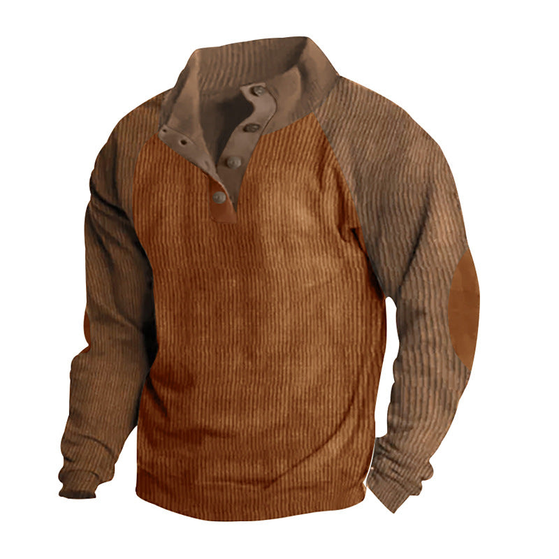 Herren nan thermischer Cordpullover mit Knopfleiste Stehkragen Raglanärmeln und Ellenbogenaufnähern R&B