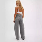 Damen Weite Denim-Hose mit hohem Bund und dekorativem Kordelzug R&B
