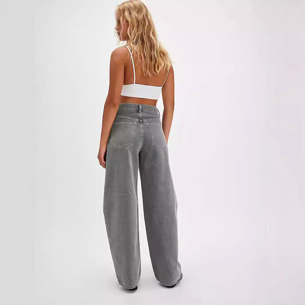 Damen Weite Denim-Hose mit hohem Bund und dekorativem Kordelzug R&B