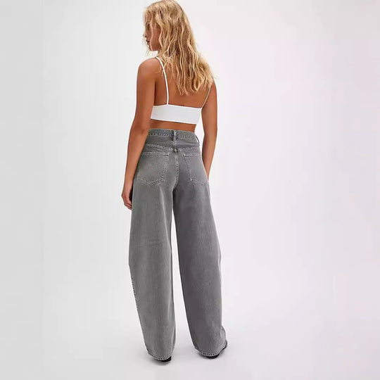Damen Weite Denim-Hose mit hohem Bund und dekorativem Kordelzug R&B