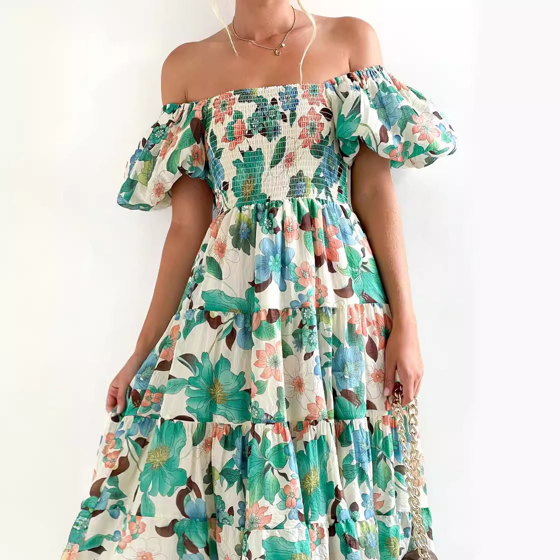 Damen Off-Shoulder Maxikleid mit voluminösen Puffärmeln R&B