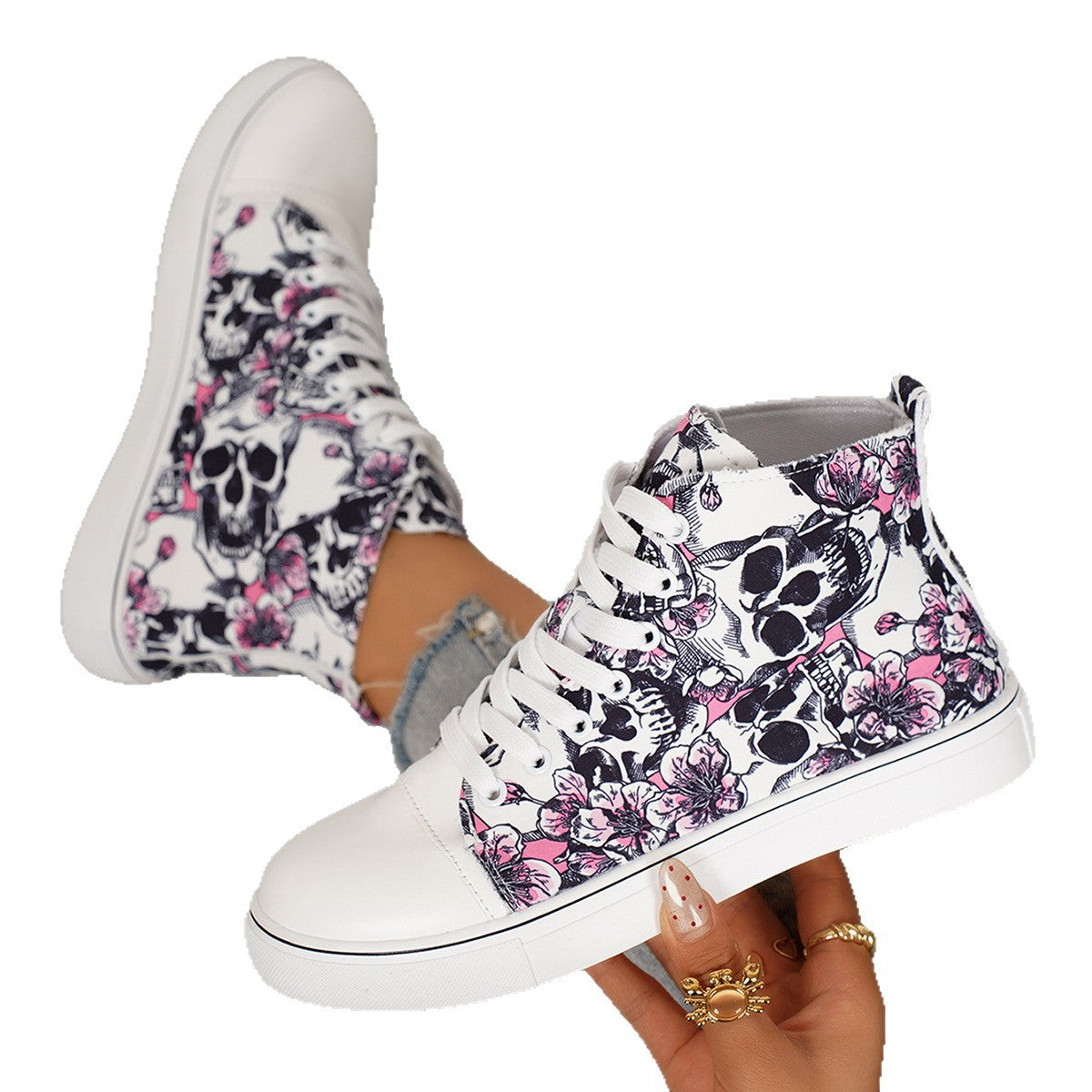 Damen High-Top Sneakers mit floralem und Totenkopf-Muster R&B