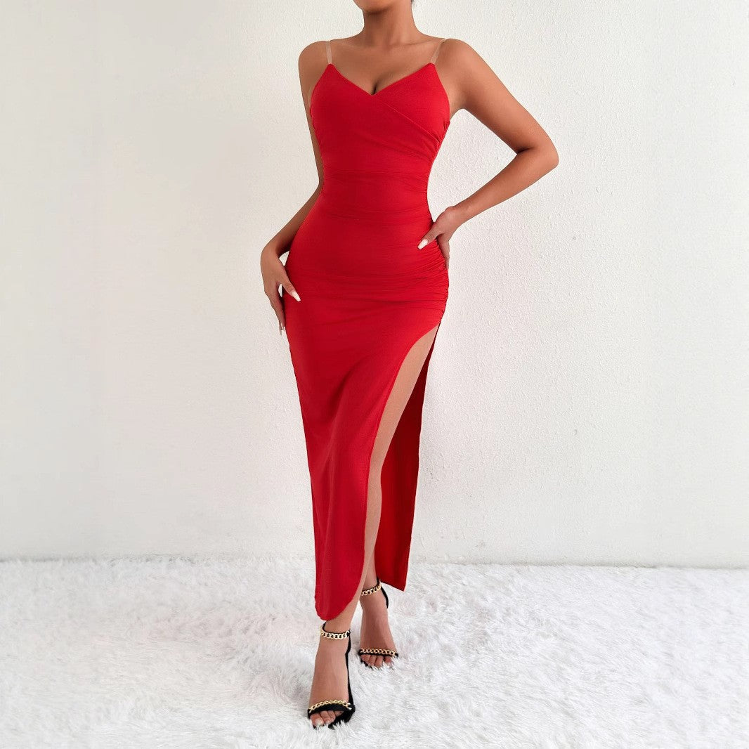Damen Elegantes Maxikleid mit seitlichem Schlitz und feinen Trägern R&B