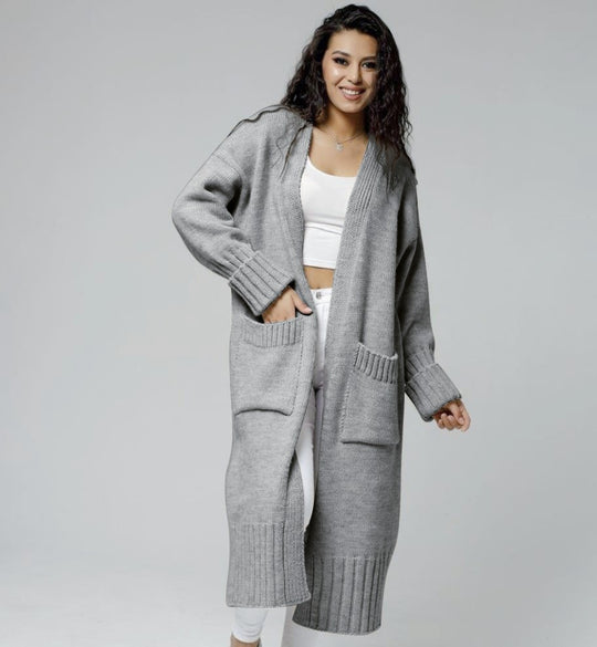 Damen bequemer langer Strickcardigan mit Taschen und breiten Ärmeln R&B