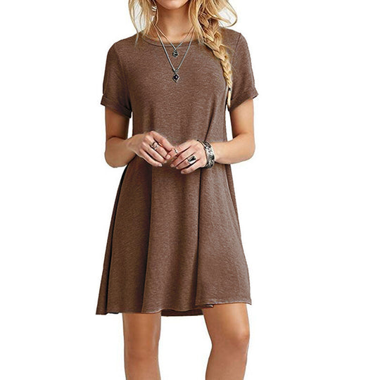 Damen locker fallendes Freizeitkleid mit Rundhalsausschnitt und kurzen Ärmeln R&B