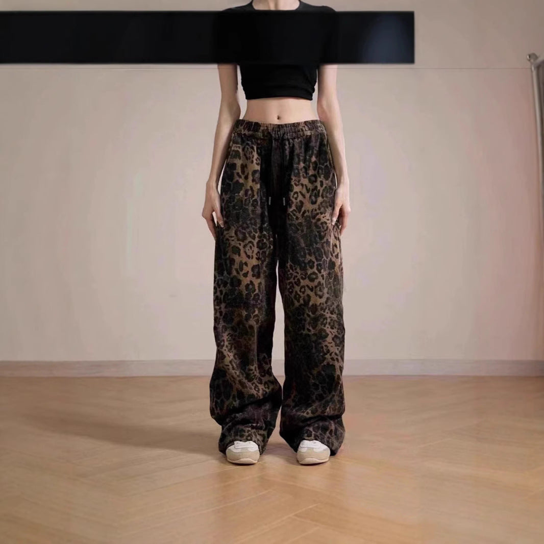 Damen Weit geschnittene Leinenhose mit Leopardenmuster R&B