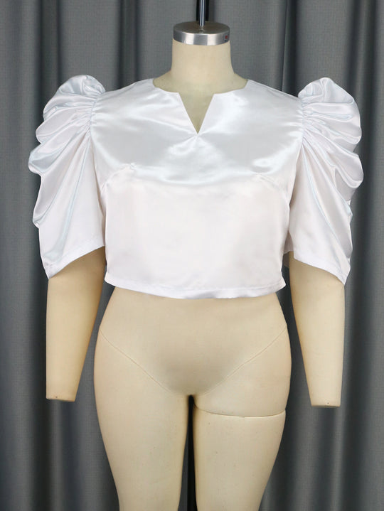 Damen elegantes Kurzarmtop mit voluminösen Puffärmeln R&B