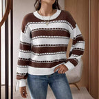 Damen lässiger, gestreifter Pullover mit einem komfortablen Schnitt und dekorativen Details R&B