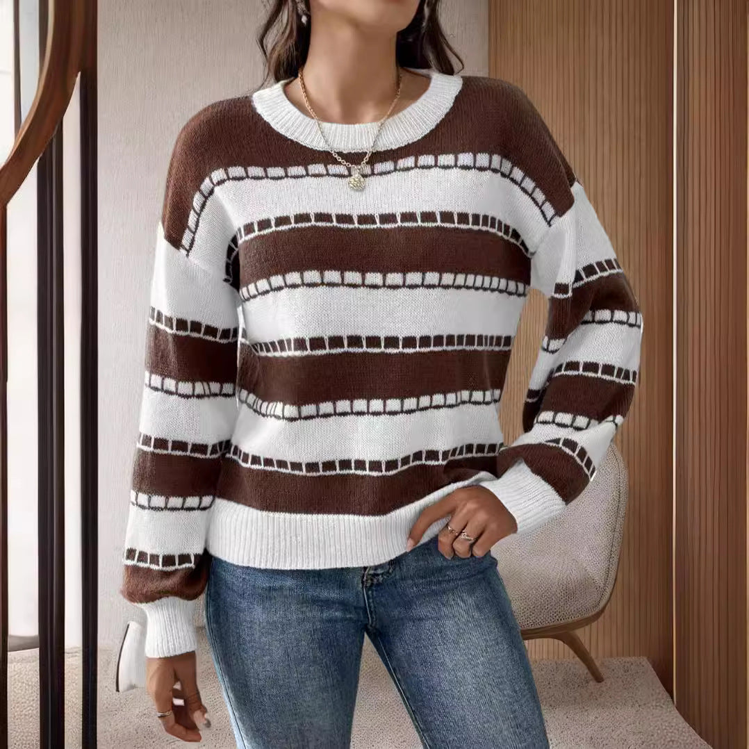 Damen lässiger, gestreifter Pullover mit einem komfortablen Schnitt und dekorativen Details R&B