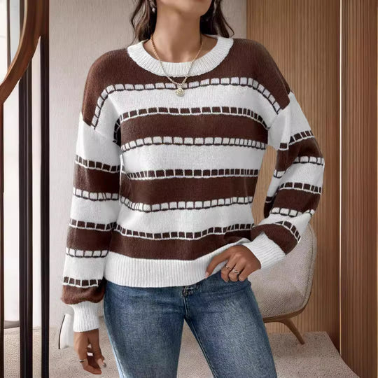 Damen lässiger, gestreifter Pullover mit einem komfortablen Schnitt und dekorativen Details R&B