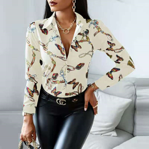 Damen elegante Bluse mit künstlerischem Druck und dekorativen Akzenten R&B