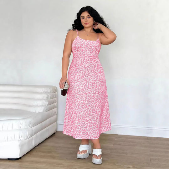 Damen Maxikleid mit feinem Blumenmuster und verstellbaren Spaghettiträgern R&B