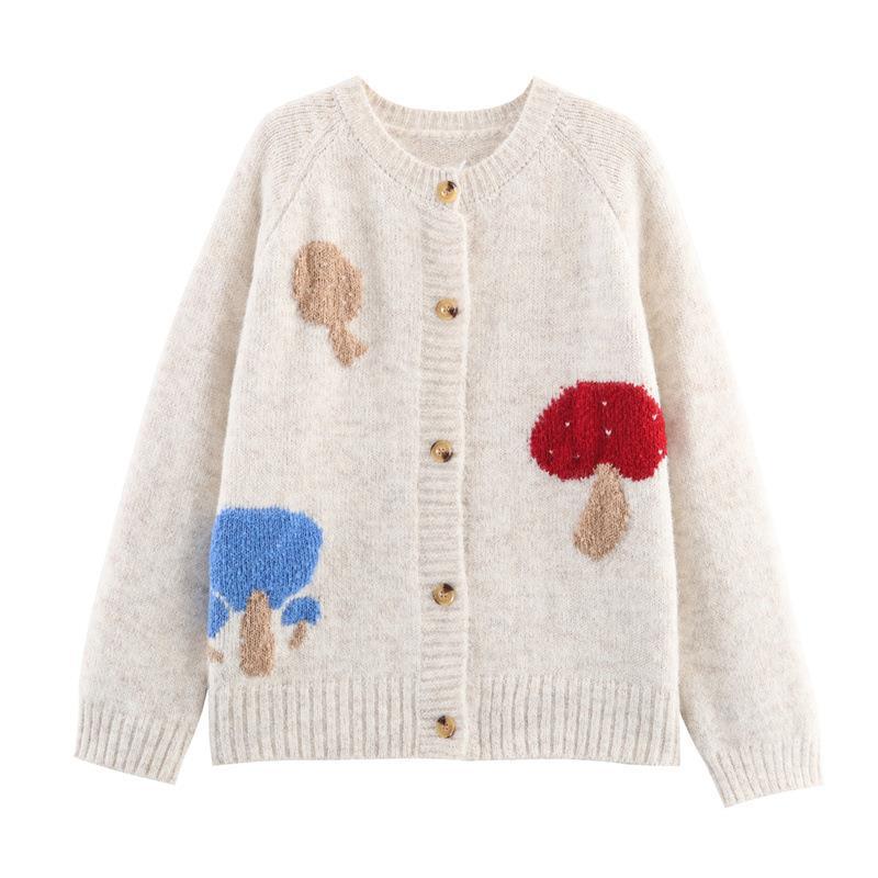 Damen Strickjacke mit bunten Pilzmotiven und bequemen Knopfdetails R&B