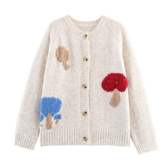 Damen Strickjacke mit bunten Pilzmotiven und bequemen Knopfdetails R&B