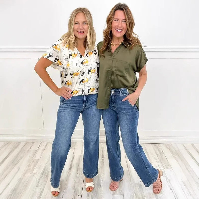 Damen Weit geschnittene Hochbundjeans mit modernen Waschungen R&B