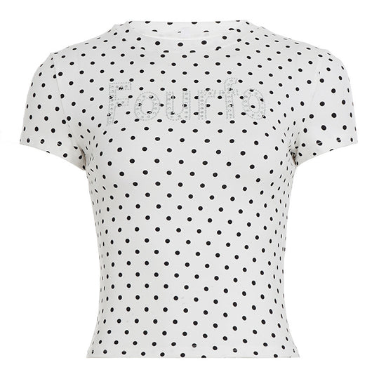 Damen Trendiges Kurzarm-Top mit Pünktchenmuster und glitzerndem Schriftzug R&B