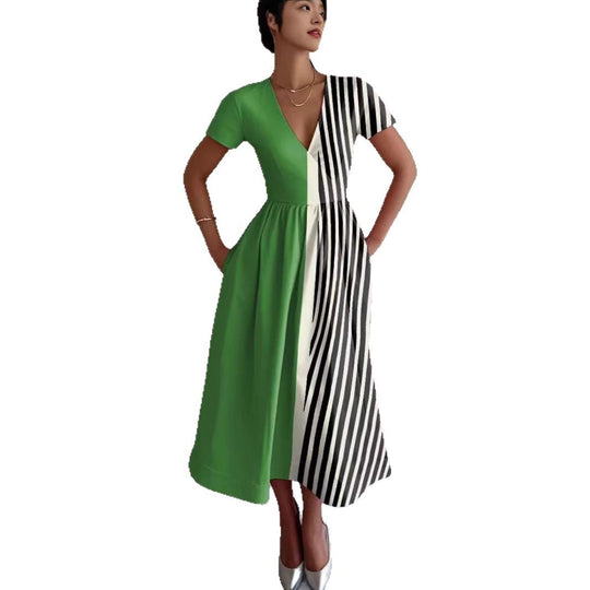 Damen Maxikleid mit tiefem V-Ausschnitt und modischem Streifenmuster R&B