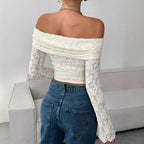 Damen Off-Shoulder Spitzenoberteil mit langem Arm und Rüschendetails R&B