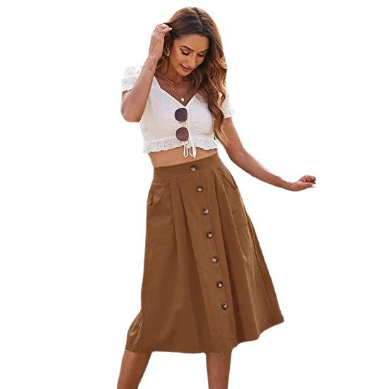 Damen Midi-Rock mit Knopfleiste und praktischen Taschen R&B