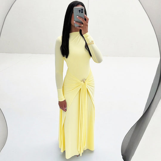 Damen Elegantes Maxikleid mit Drapierungsdetails und langem Arm R&B