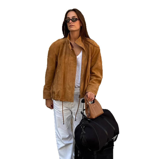 Damen modische Wildlederjacke mit praktischen Taschen und bequemem Schnitt R&B