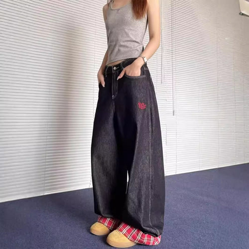 Damen weite Denim-Hose mit lässigem Schnitt und auffälligen Nähten R&B