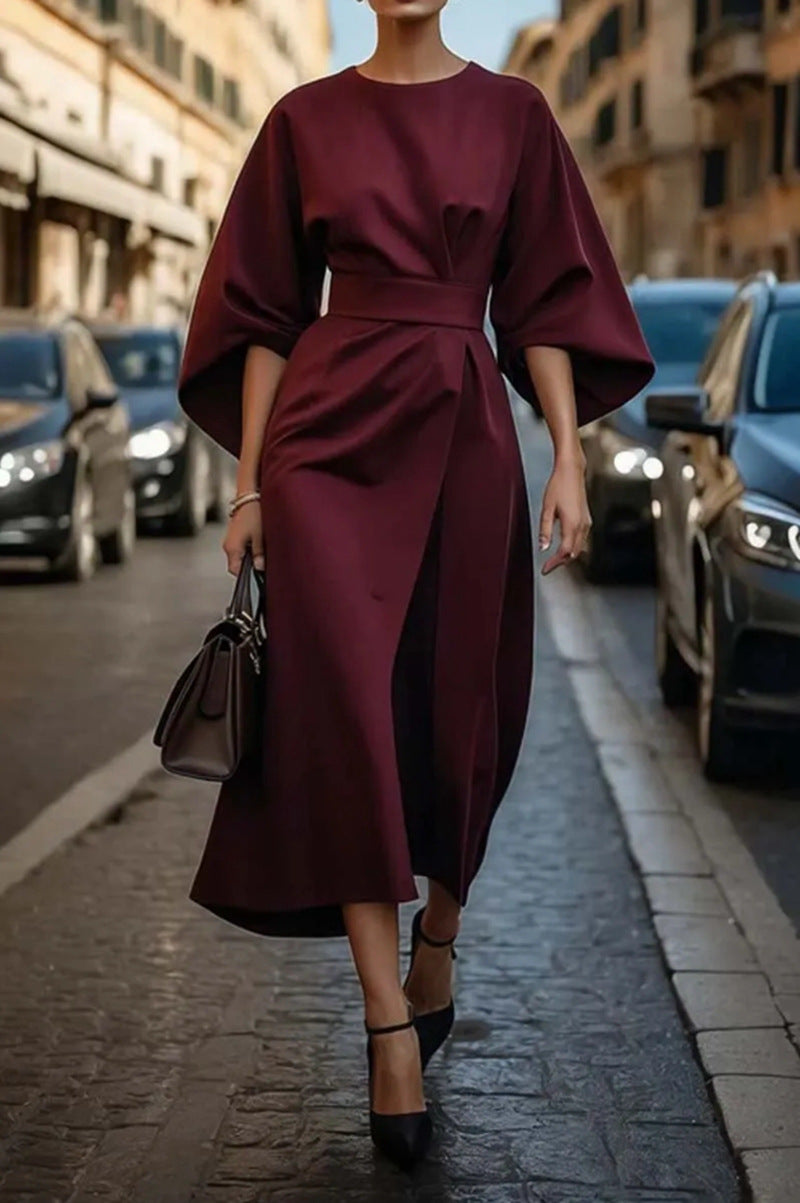 Damen nan elegantes Midikleid mit Kimonoärmeln, drapierter Wickeloptik und Taillengürtel R&B