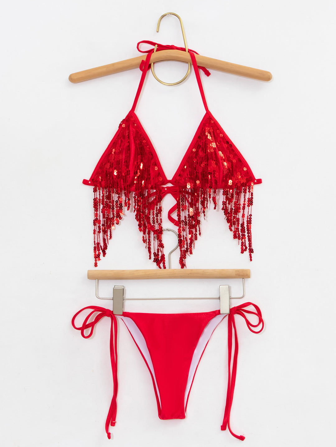 Damen Bikini-Set mit glitzernden Pailletten und verspielten Bindebändern R&B