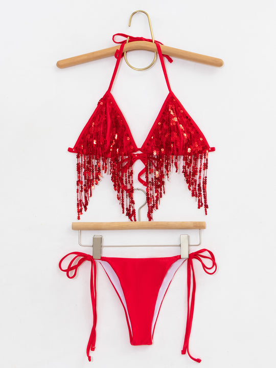 Damen Bikini-Set mit glitzernden Pailletten und verspielten Bindebändern R&B