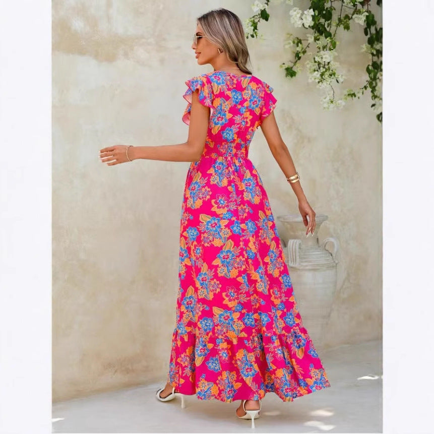 Damen Sommerliches Blumenmaxikleid mit Volantärmeln und elastischem Taillenbund R&B