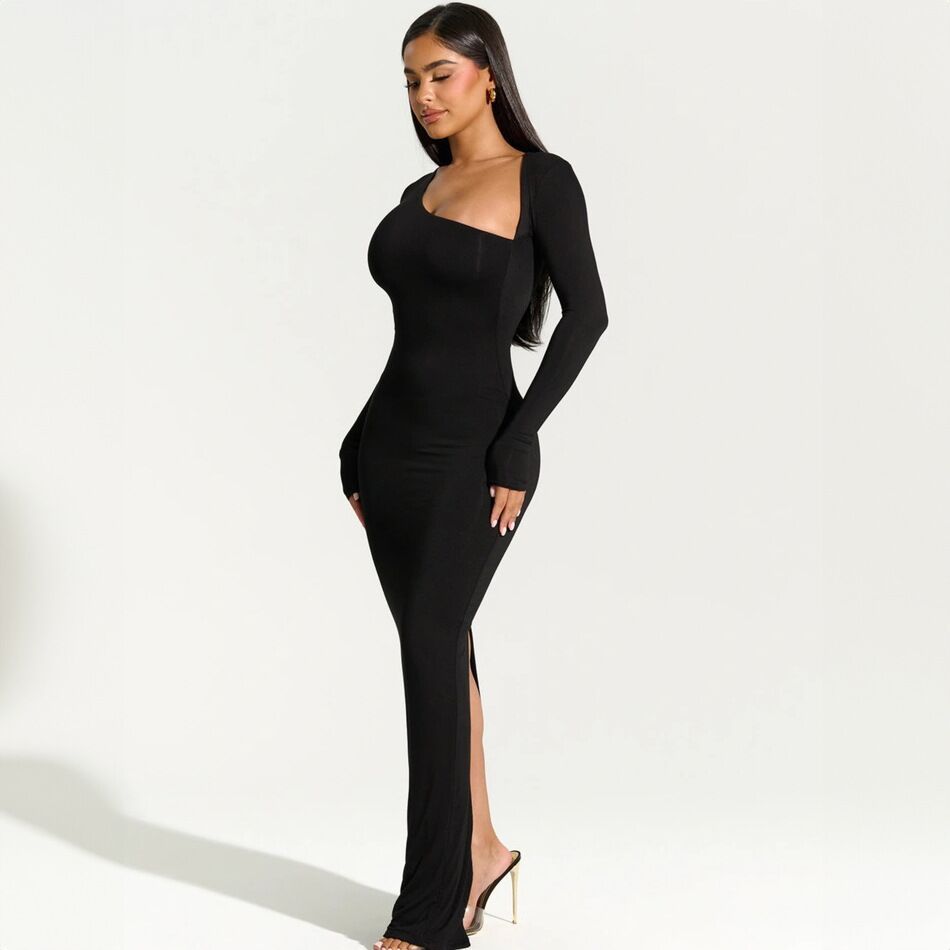 Damen elegantes Wickel-Maxi-Kleid mit asymmetrischem Halsausschnitt R&B