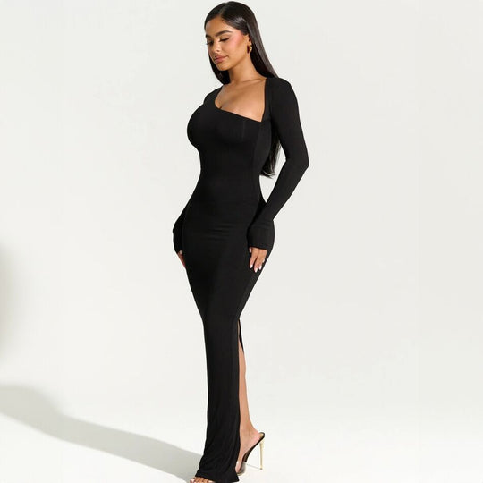 Damen elegantes Wickel-Maxi-Kleid mit asymmetrischem Halsausschnitt R&B