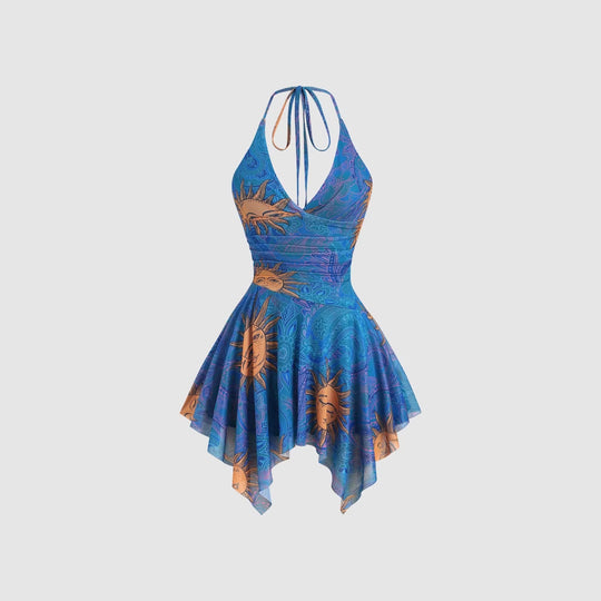 Damen lässiges Strandkleid mit asymmetrischem Saum und raffiniertem Druck R&B