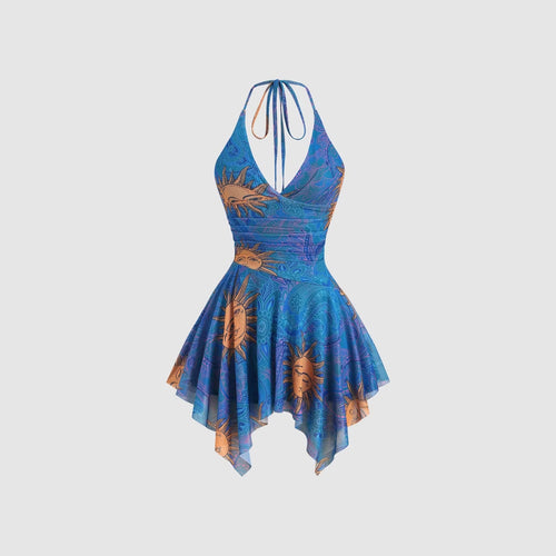 Damen lässiges Strandkleid mit asymmetrischem Saum und raffiniertem Druck R&B