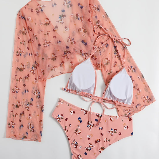 Damen transparentes Strandtop mit farbenfrohem Bikini R&B