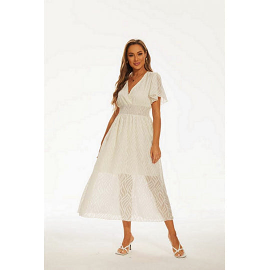 Damen Maxi-Kleid mit elegantem V-Ausschnitt und feinen Rüschendetails R&B