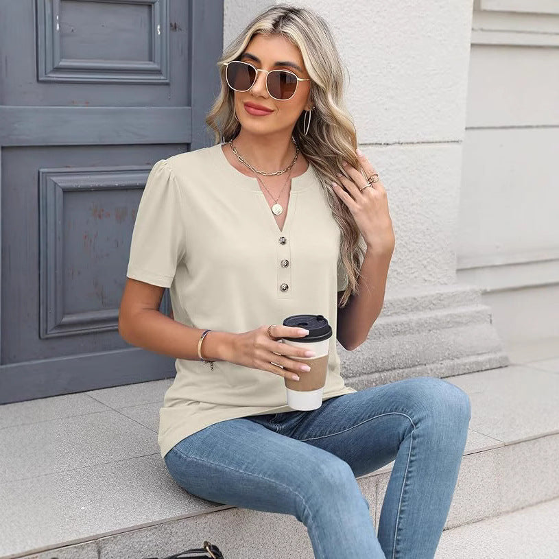 Damen modisches T-Shirt mit Knopfdetail und kurzen Ärmeln R&B