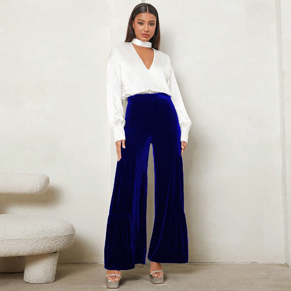 Damen Weit geschnittene Plüsch-Hose mit Falten und hohem Bund R&B