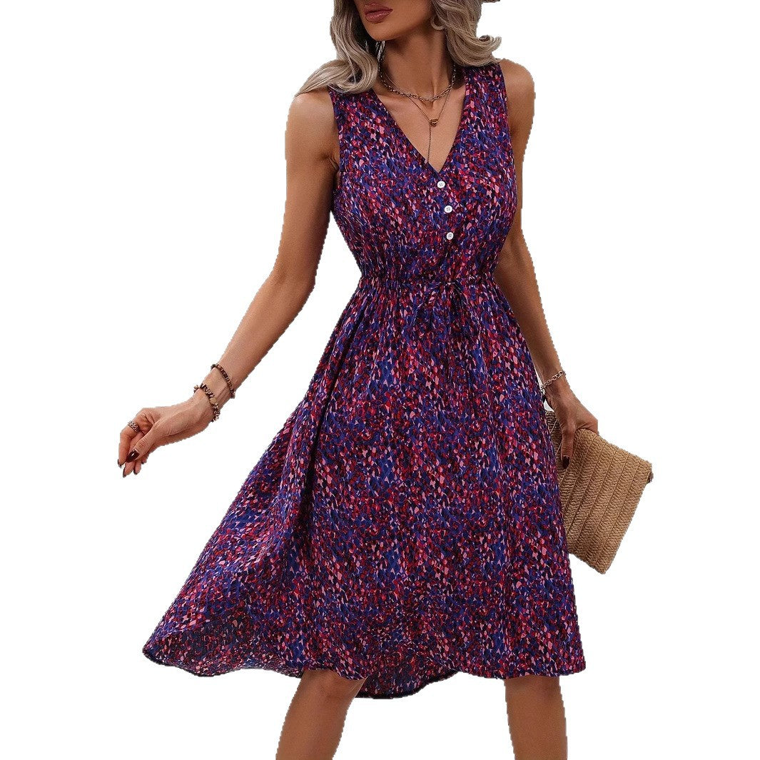 Damen Verspieltes V-Ausschnitt Kleid mit Knopfleiste und schwingendem Saum R&B