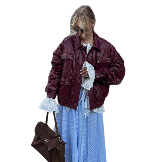 Damen oversized Kunstlederjacke mit funktionalen Taschen und elastischem Bund R&B