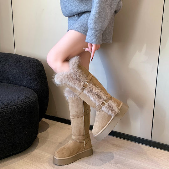 Damen kuschelige Winterstiefel mit weichem Kunstfellrand und modischen Schnallen R&B