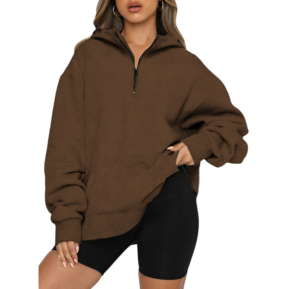 Damen Oversize Kapuzenpullover mit halbem Reißverschluss R&B