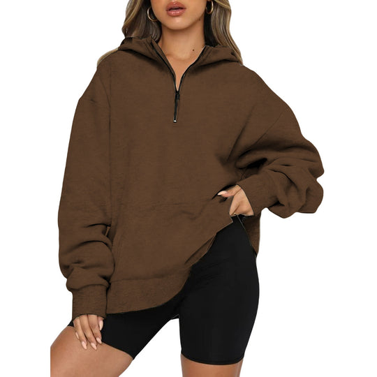Damen Oversize Kapuzenpullover mit halbem Reißverschluss R&B