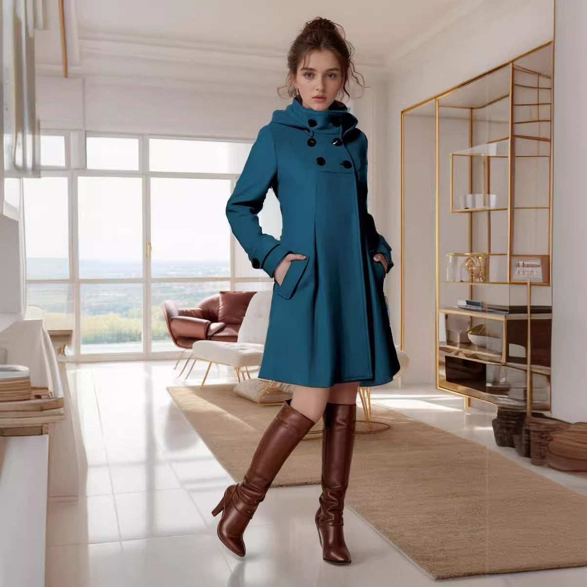 Damen modischer Trenchcoat mit Kapuze und praktischen Taschen R&B