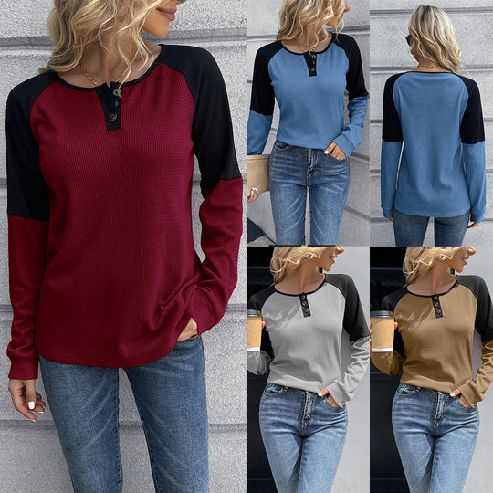 Damen lässiges Henley-Shirt aus Waffelstoff mit kontrastierenden Ärmel-Design R&B